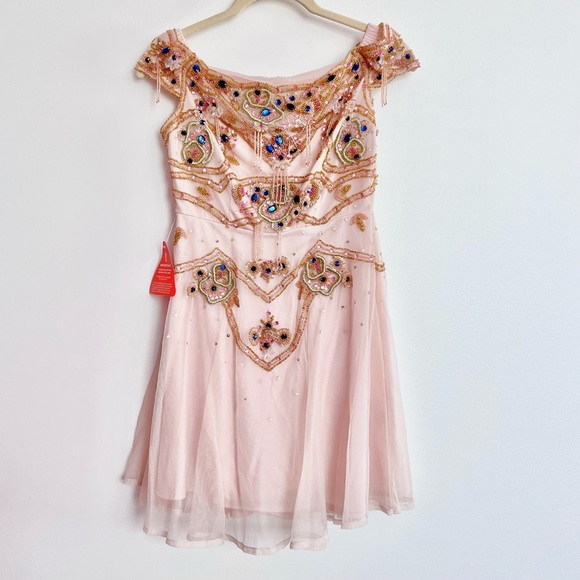 NWT Frock & Frill Crystals Wedding Bardot Babydoll Pink Peach Dress Petite 2 - Picture 1 of 12